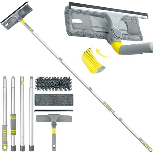 JEHONN Limpia Cristales con Mango Extensible 163 cm, Limpiacristales Profesional con Escobilla de Silicona, Paños de Microfibra y Chenille, Palo Limpiador Ventanas por Fuera Vidros