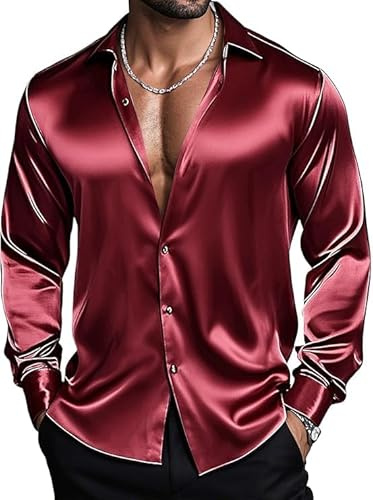 Barry.Wang Camicie da uomo a maniche lunghe, elasticizzate, tinta unita, con bottoni, in raso, per occasioni formali, casual, aziendali, matrimoni, feste, M