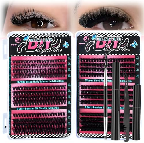 MOTIBACK Kit Extension Cils Professionnel 456 pièces - Faux Cils Individuels - Cluster Lashes 12-18MM, Comprend pince à cils ergonomique, décolleur, brosse nettoyante, colle (noir)