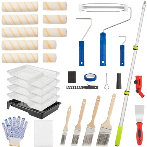 House Paint Roller Kit with Extension Pole, Home Wall Painting Supplies Set, with Paint Brush, Paint Tray, Multi-Angle Paint Brush Extender