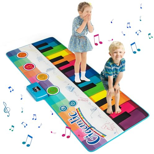 GOPLUS Musikmatta för barn från 1 år, 181 cm pianopatta med 8 musikinstrument, 24 knappar och 10 låtar, piano-dansmatta med inspelning, uppspelning och justerbar volym, musikleksak småbarn