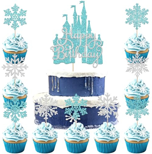 25 unidades de decoración para tartas con purpurina Happy Birthday Copo de Nieve Cake Topper Invierno Copos de Nieve Cake Decoración para Baby Ducha Boda Niño Niña Cumpleaños Fiesta Pastel