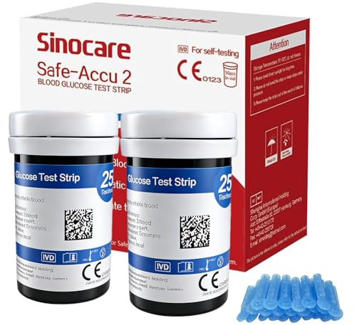 Sinocare Safe Accu2 Blood Glucose Test Strips, 50 Count, No Coding Required, Includes 50 Lancets, For Use with Safe Accu2 Blood Glucose Meters