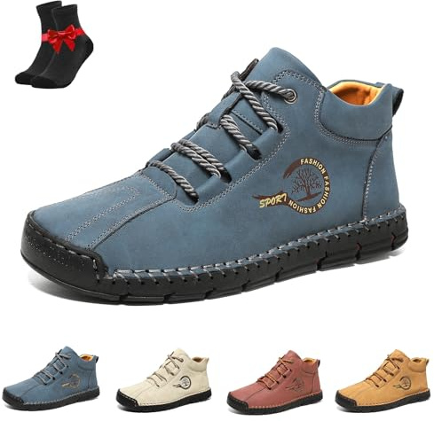 Handgjorda Chukka-stövlar i läder for män, slip-on for utomhusvandring, barfota, avslappnade lätta slip-on-loafers med snörning(Blue,38 EU)