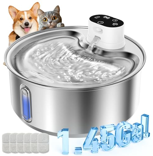 WILKIEE Fontana per gatti in acciaio inox, 5,5 l, senza fili, batteria da 5000 mAh, con rilevatore di movimento, pompa dell'acqua silenziosa, per gatti e cani di piccola taglia (bianco + 6 inserti