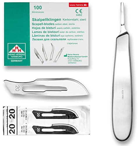 May Set: 100 Skalpellklingen Fig. 20 & Skalpellhalter bauchig | 100x sterile Klingen Fig. 20 (Karbonstahl) inkl. Skalpellhalter Nr. 4 (14 cm, bauchig)