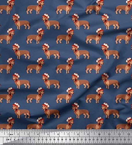 Soimoi Blau Baumwolljersey Stoff Hut & Dackel Hund Stoff Meterware 58 Zoll breit