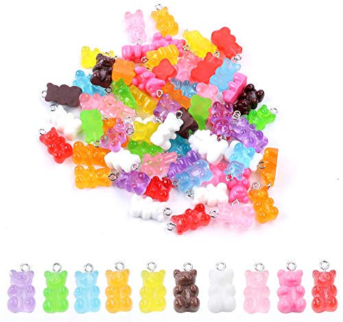 100 Stück Gummibär-Anhänger aus Kunstharz, bunte Bären, Süßigkeiten, Cartoon-Bär, Schlüsselanhänger, Halskette, Charm, niedliches Armband, Zubehör für Kinder, DIY Handwerk