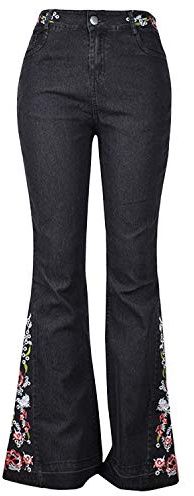 semen Women Flared Fit Jeans Washed Long Denim Pants with Floral Embroidery Bell Bottom(UK 14/Tag L)
