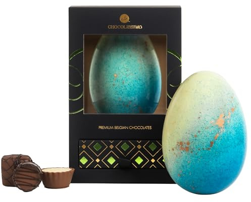CHOCOLISSIMO – Œuf de Pâques Artisanal en Chocolat Blanc Belge Décoré d'un Motif Bleu Ciel Doré avec 4 Pralines de Luxe Sans Alcool, Cadeau de Pâques
