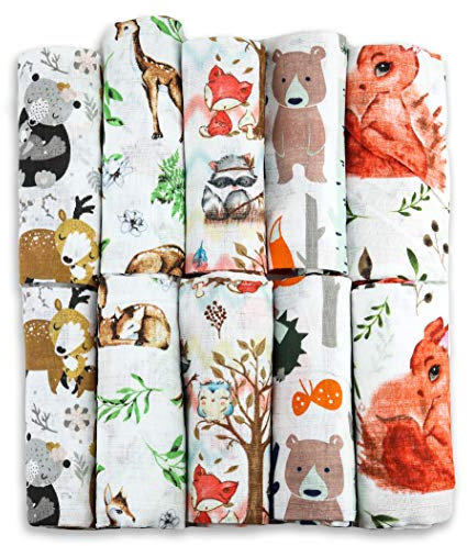 FENSILO - Mullwindeln - Mulltücher - 10er Pack 70x80 cm - Stoffwindeln, MADE IN EU, schadstoffgeprüft -Spucktücher Baby für Jungen und Mädchen– Baby Mullwindeln- Tierchen