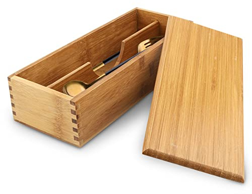 Cyrank Holzbesteckkasten mit Deckel, Silberwaren Utensilienhalter Japanischer Löffel Essstäbchen Aufbewahrungsbox Container für Küchenarbeitsplatte Esstisch 27 X 11 X 6.6cm