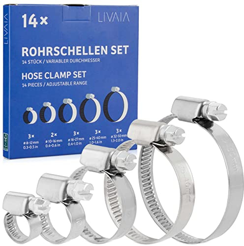 LIVAIA Schlauchschellen Edelstahl: 14x Rohrschelle in 5 Größen, 8mm bis 50mm - Schlauchschellen Set