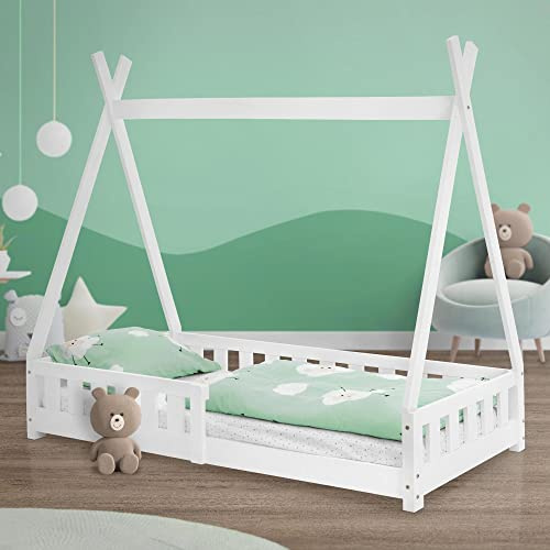 ML-Design Letto a Terra per Bambini Design Tipi 80 x 160 cm Bianco, Struttura in Legno di Pino Massiccio, con Sponde Protezione Anticaduta, Lettino Tenda Indiana, Giroletto Montessori per Ragazzi
