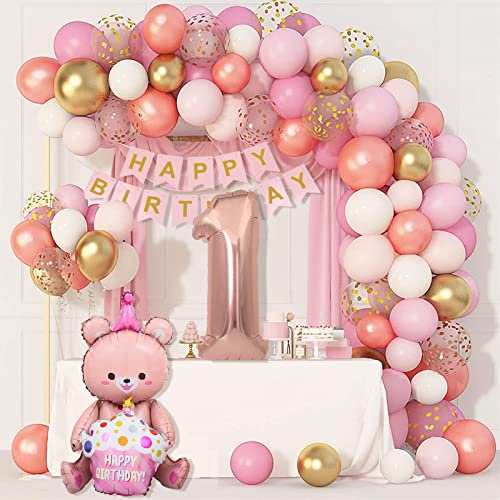 Ballons d'anniversaire 1 an pour fille, décorations d'anniversaire 1 an pour fille, baptême fille, ballons roses anniversaires, décorations