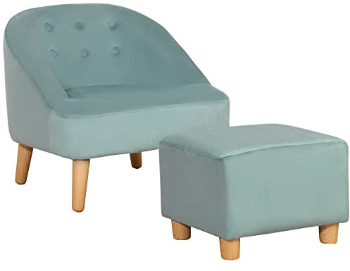 HOMCOM Kindersessel Kindersofa mit Fußhocker Kindercouch ab 3 Jahren Kindermöbel Kinderzimmer Samtoptik Eukalyptusholz Grün 51 x 51 x 50 cm