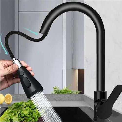 Ausziehbar 360° küchenarmatur Drehbar mit Drei Wasserstrahlarten,Mischbatterie küche ausziehbar wasserhahn (schwarz)