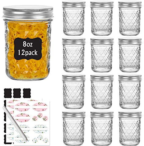 Yishik 8 oz Mason Jars with Silver Lids,12 Pack Glass Canning Jars 240ml Crystal Jelly Jars for Honey,Jam Preserving,Baby Foods,Party&Wedding Favors