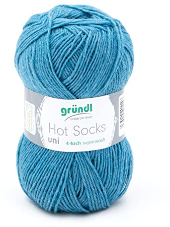 Sockenwolle 4fädig uni 50g | Gründl Hot Socks 4-fädig einfarbig blau | Strumpfwolle Sockengarn (4ply, 4fach) Wolle für Socken stricken und häkeln (56 - blau), 56 - türkisblau