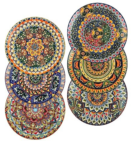 Henten Home Piatto Piano, 6 pezzi Grandi Piatti in ceramica - 28cm, Piatti di Molti Colori, Stile Bohémien, Servizio da Tavola in Gres