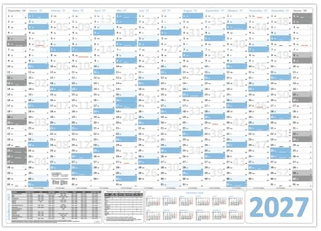XXL Wandkalender Wandplaner 2027 hellblau (gerollt) DIN A0 Format (841 x 1189 mm) 14 Monate, komplette Jahresvorschau Folgejahr und Ferientermine Feiertage aller Bundesländer