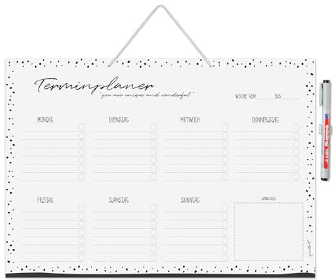 Terminplaner Dots zum Aufhängen I DIN A3 29,7 x 42 cm I Whiteboard schwarz weiß gepunktet I Wochenplaner Aufgabenplaner Wochentage I abwischbar wiederbeschreibbar I dv1274