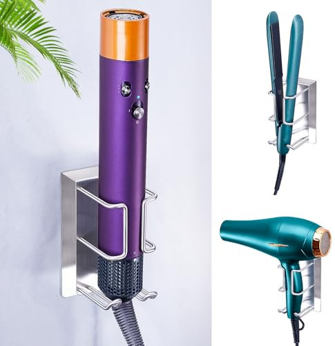 WAYASI Föhnhalter Wand Ohne Bohren, Föhn Halterung Für Styler Lockenstab Glätteisen Aufbewahrung, Fön Wandhalterung, Edelstahl Silber Föhnhalterungen, Selbstklebend Haartrocknerhalter Für Bad