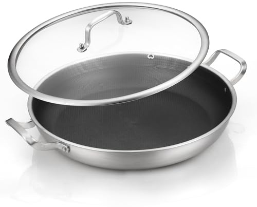DELARLO 33 cm dreilagige Paella-Pfanne aus Edelstahl mit Deckel, antihaftbeschichtet, Hybird Induktion, große Bratpfannen, ideal für Paella-Partys drinnen und draußen, robuster Stil