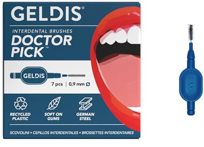 GELDIS Scovolini Dentali Doctor Pick - Scovolino Interdentale per Pulizia Denti, Scovolino Denti per Igiene Dentale, Rimuovi Tartaro Denti, 7 pezzi - Con Cappuccio (Blu, 0,9mm)