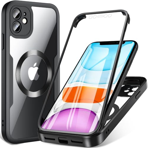 For iPhone 11 Case,Magnetic iPhone 11 Phone Case 360 Full Body Bumper Clear Back iPhone 11 Cover Compatible with Magsafe and Built-in Screen Protector iPhone 11 6.1 inch (Black)