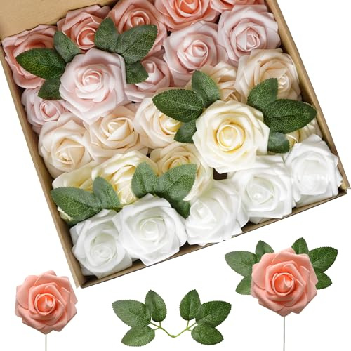 Lansdowns Artificial Flower Foam Rose 25pcs Real Looking Fake Rose with Stems Leaves for Home Decoration Party Garden Centerpieces DIY Wedding Bouquets（Shades of Pink Rose）