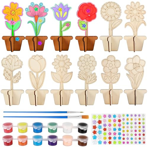 Annickee 12 Stück Holzblumen zum Bemalen, 3D Blumen Holzbastelsets | mit Pinsel, Farbstreifen, Aufklebern, Tulpen Aufsteller Blumentöpfe zum Basteln und Bemalen