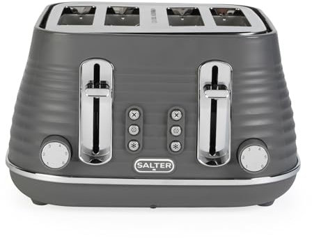 Salter EK5743GRY 4-Slice Wide Slot Toaster – Extra Thick Bread, Bagels, Crumpets, 6 Browning Levels, Removable Crumb Tray, Defrost/Reheat/Cancel, High-Lift Eject, Self-Centring, 1630W, Ripple Grey