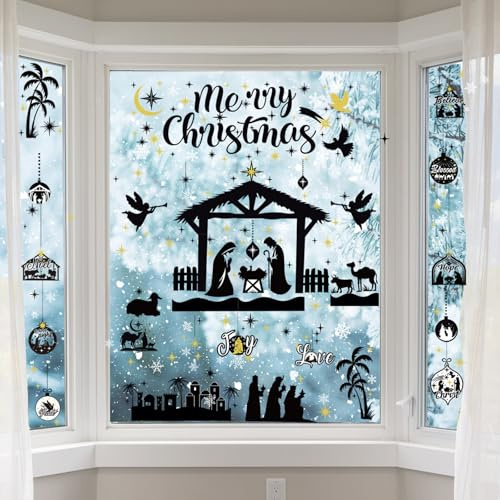 DPKOW Christmas Window Stickers Christmas Nativity Scene Window Clings Christmas Xmas Window Stickers Reusable, 9 Sheets Religous Christmas Window Decorations, Christian Christmas Decorations Indoor