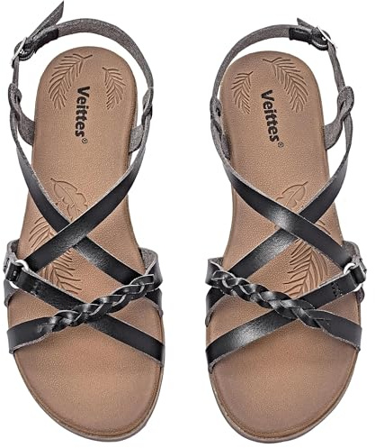 Veittes Sandales plates pour femmes, avec des bandes croisées en tressé et une sangle de cheville réglable, sandales d'été ouvertes à orteils à la mode,noir,42 EU,2207023