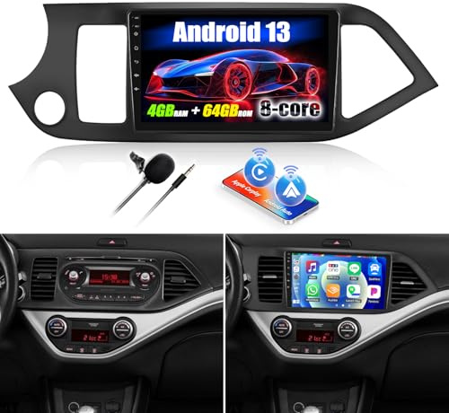 [8 Core] 4+64G SIXWIN Android 13 Autoradio avec CarPlay/Android Auto/DSP pour KIA Picanto 2012-2016,9 Pouces HD Navigator GPS WiFi Bluetooth 5.0 USB FM RDS Radio Mirror Link +32 Band EQ