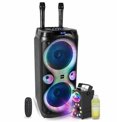 Ibiza TWS - Altavoz Karaoke USB Bluetooth TWS 1000 W Columba-Karaoke – 2 micrófonos inalámbricos – Máquina de humo 700 W efecto Astro Fiesta