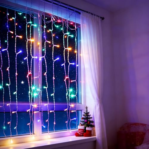 Aigostar Lichterkette Vorhang 3AA Batterie, Lichtervorhang Innen 1x1m Mit 100 LED RGB, 8 Modi, Timer, Wasserdicht, Lichterkette Fenster für Innen, Im Freien, Christmas Decorations