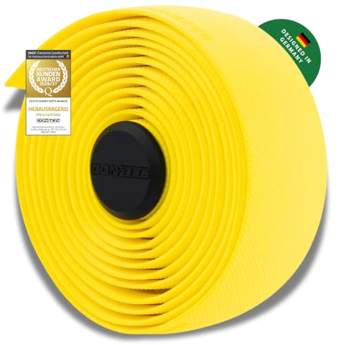 CONTEC Lenkerband Prestige.Grip, 2000x30x2,5 mm, aus EVA-Schaum und Gel, selbstklebend und rutschsicher, mit Klebestreifen und 2 Lenkerstopfen, Paar, gelb
