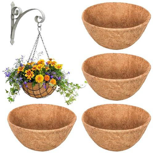ATB-Foger 4 Pcs Round Hanging Basket Liners Natural Coconut Coir Liners Round Planter Liner for Hanging Baskets, Garden Flower Vegetables Planter Pot, Window Box (12inch)