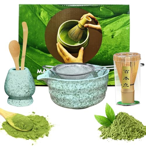 6 Pcs Premium Matcha Tea Set with Bamboo Whisk,Ceramic Matcha Bowl with Spout,Traditional Japanese Tea Ceremony,Ideal Matcha Tea Whisk Set Perfect Matcha Starter Gift for Beginners and Enthusiasts