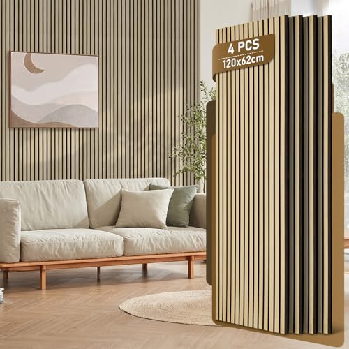 Fiqops Lot de 4 panneaux acoustiques en bois - 120 x 60 cm - Panneaux muraux en feutre et feutre - Couleur bois brut - Revêtement mural pour studio et maison - Décoration murale intérieure - Grande