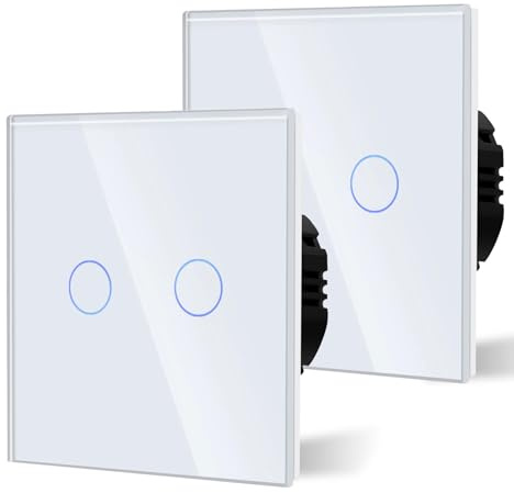 BSEED Touch Light Switch, Tempered Glass Panel with LED Backlight, No Neutral Wire Required, Non-WiFi,2 Gang 1 Way-2 PACK,86mm White