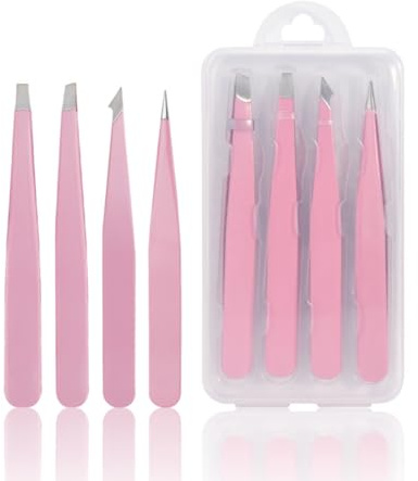 COYUN Set de 4 Pincettes Colorées,Pince à épiler en Acier Inoxydable Pour les Sourcils,Pince à Épiler Professionnelle Precision, Sourcils, Cils, Pointe Crabe Oblique Droite Pointue, avec Étui,Rose