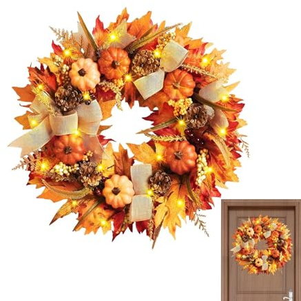Autumn Wreath Decorations Front Door - 45cm Autumn Wreath Front Door With Pumpkins, Maple Leaves, A Sturdy Hook | Home Decoration For Bedroom Wall Party And Thanksgiving