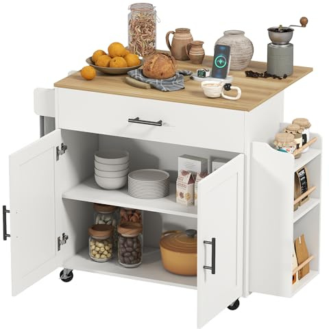 HOMCOM Kücheninsel mit Klappplatte Rollwagen 120x68x85cm Weiß | Küchenwagen auf Rollen, Küchenschrank mit Schublade, Gewürzregal, Ablage, Handtuchhalter, für Küche und Esszimmer
