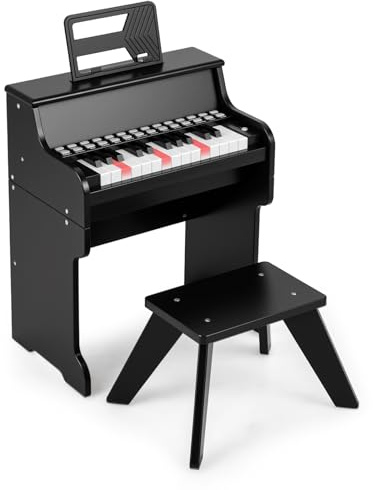 COSTWAY Pianoforte Digitale Bambini a 25 Tasti con Luci, Pianola Elettrica con 6 Toni, 15 Demo e 8 Percussioni, Set Tastiera Musicale con Sgabello e Leggio Rimovibile, per Bambini 3+ Anni (Nero)