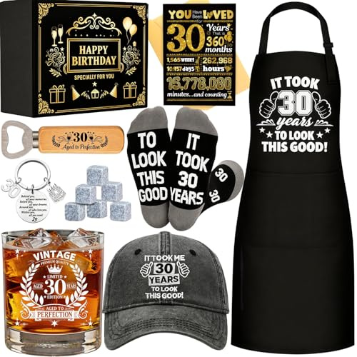 30th Birthday Gifts for Men Whiskey Glass Set, Cool Gifts for 30 Year Old Men with 11 Oz Whiskey Glass Apron Baseball Cap Sock Keychain Bottle Opener Greeting Card for Him Dad Husband Grandpa