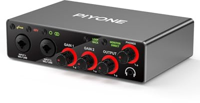 PIYONE Interface Audio USB 2x2, 24 bits/192 kHz Carte Son Studio pour PC/Mac/iOS, Enregistrement, Podcast, Entrée XLR/TRS, 48V Phantom, Loopback, Monitoring Zéro Latence (Gris Alliage)