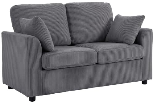 HOMCOM 2 Seater Sofa, 144cm Corduroy Loveseat, Dark Grey | Spring Cushion, Wide and Deep Seat, Plush Backrest, 2 Pillows, Sofa Settee, Living Room, Home Office